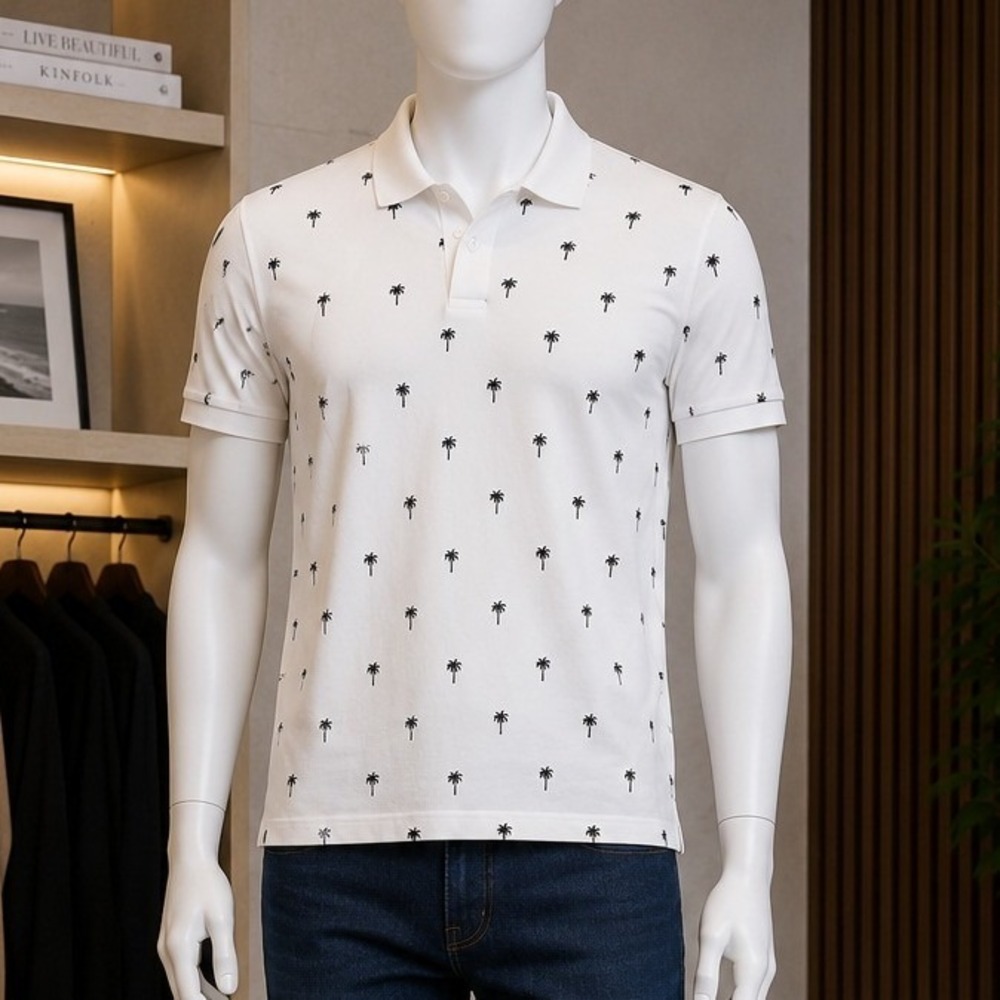 H&M Mens Polo Shirt White Tropical Palm Tree Print Large